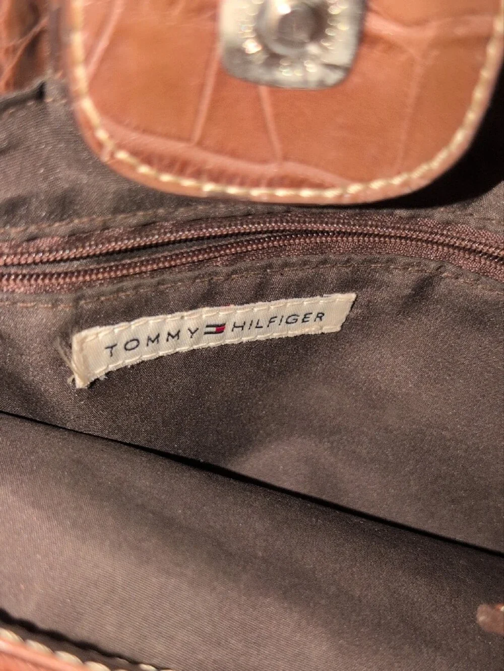 Tommy Hilfiger Brown Leather Shoulder Bag with Croc-Embossed Trim